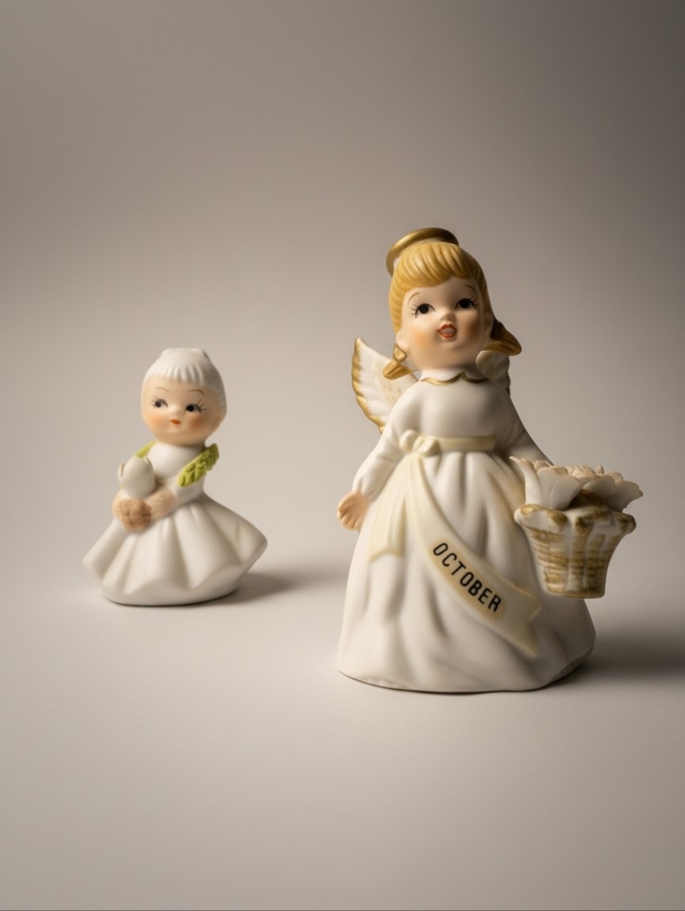 Bundle Vintage Lefton Porcelain Bisque October Angel & Tiny Girl Flower Figurine
